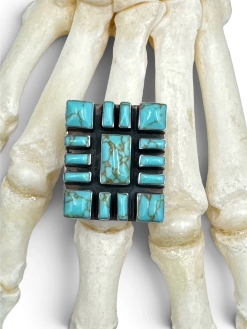 Vintage Sterling Silver Turquoise Geometric Mosaic Statement Ring Size 9